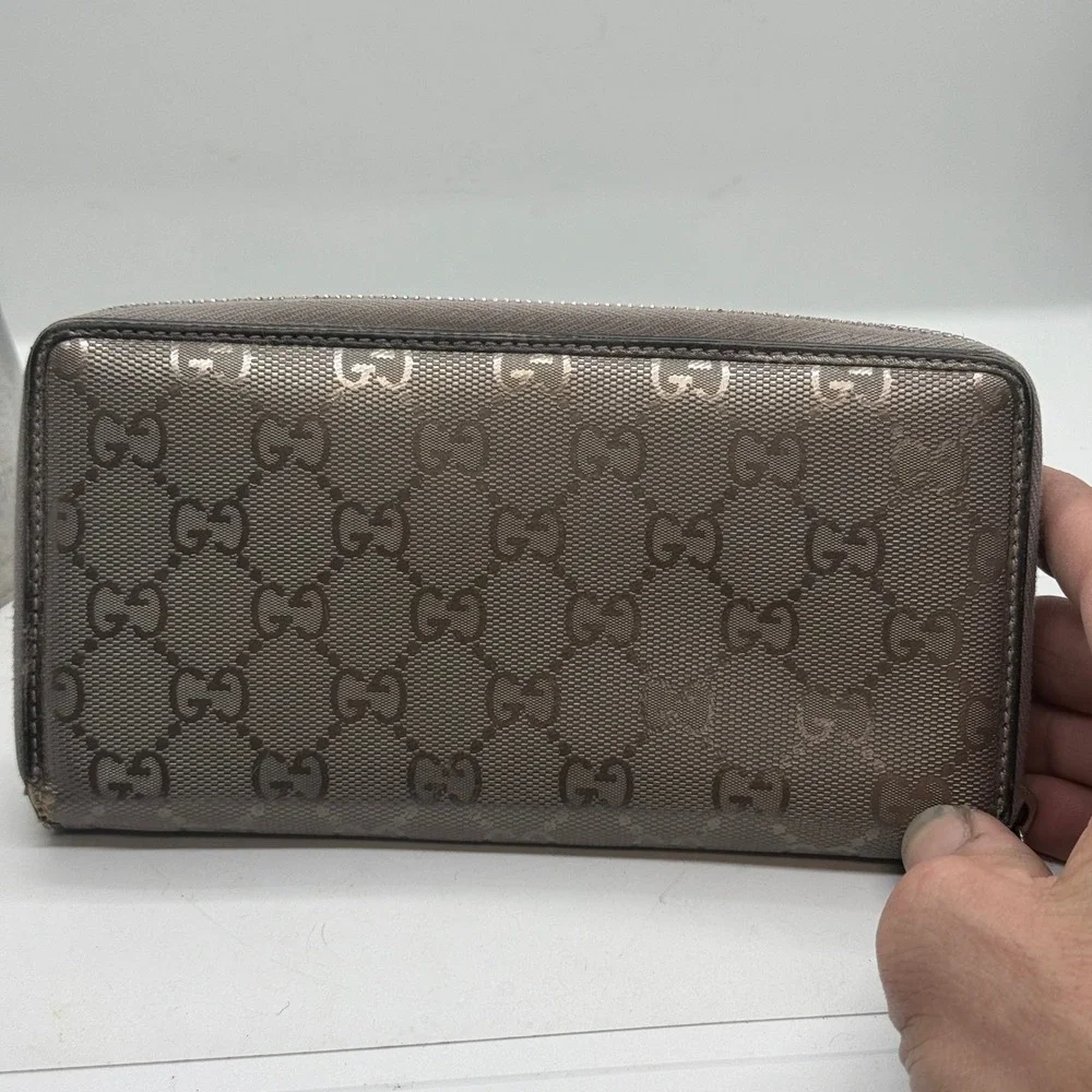 Gucci GG Monogram Zip‎ Around Wallet Silver Purple Gray Leather PVC Mirror